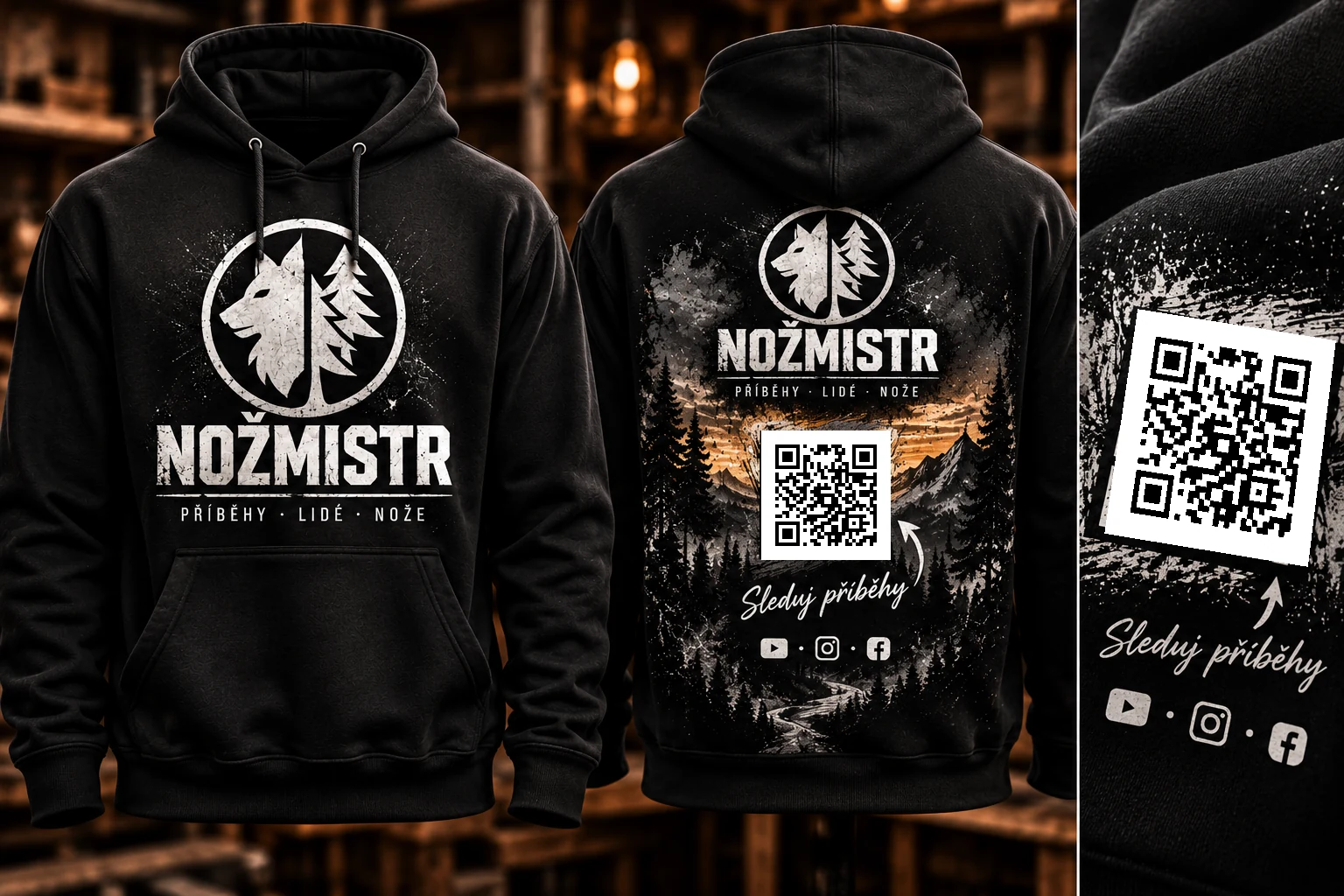 Vizuální návrh černých mikin NOŽMISTR